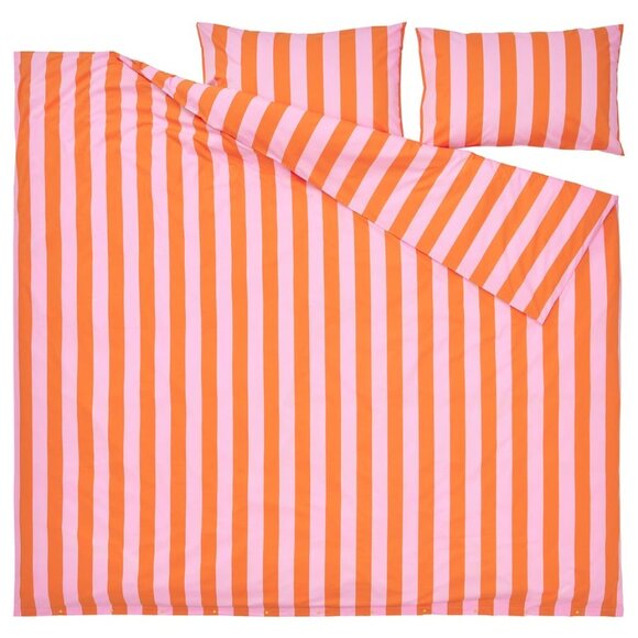 IKEA SLÅNHÖSTMAL Duvet cover Queen orange/pink/stripe 86" x 86" EUC - Picture 1 of 9